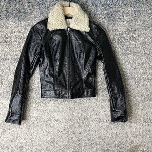 Wilfred Jacket Womens XXS Black Faux Leather Sherpa Collar Cropped Moto Style